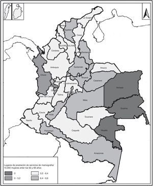 Mapa de Colombia que muestra la tasa de lugar de prestación por 10.000 mujeres entre los 50 y 69 años por departamento. Se asume la existencia de un servicio de mamografía por institución prestadora de servicios.