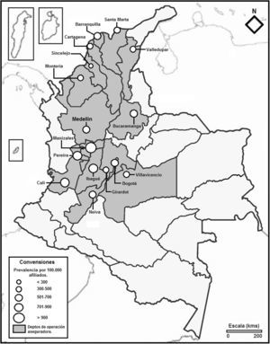 Mapa de prevalencia del cáncer en la población afiliada a la aseguradora en Colombia 2013. Fuente: BDUA noviembre 2013 – Cohorte cáncer de la aseguradora con corte 31 de diciembre de 2013. Prevalencia por 100.000 afiliados.