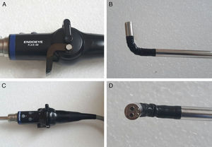 Equipo Endoeye Flex 3D: A y C. Cabezal del endoscopio: comandos que permiten angulación de la cámara en plano horizontal y vertical. B y D. Lente flexible: movimiento hasta 100 grados en los 4 planos.