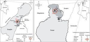 Ubicación de seropositivos Wayuü y Kankuamos a Rickettsia sp. del grupo de las fiebres manchadas en el Departamento de La Guajira y Cesar, Colombia.