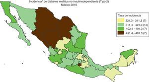 Incidencia* de diabetes tipo 2 en la República Mexicana 2010. *Tasa por 100,000 habitantes. Fuente: SUAVE/DGE/SALUD. SUIVE/INEGI 2010.