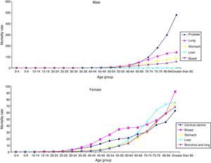 Malignant tumour mortality by age and gender, Mexico 2012. *Rate per 105.