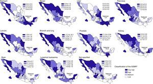 ASMR* geographical distribution of principal malignant tumours in males, Mexico 2012. *Mortality rate standardised by age.