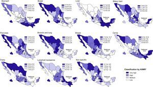 ASMR* geographical distribution of malignant tumours in females, Mexico 2012. *Mortality rate standardised by age.