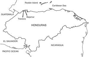 Map of Honduras. Location of the communities studied. Coxen Hole, French Harbour, Los Fuertes, Sandy Bay, and Punta Gorda are located on Roatán Island; Bajamar and Travesía are on the continental coast.
