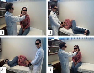 Image 1. Seat the patient on the examination table with his/her legs hanging and turn the head 45° towards the healthy ear. Image 2. Place the patient in a lateral decubitus position with a neck extension of approx. 105° towards the affected side, for 3min. Image 3. Quickly move the patient to the same position on the opposite site, turning by 195° face downwards, resting on the contralateral ear for 3min. Image 4. Initial position.