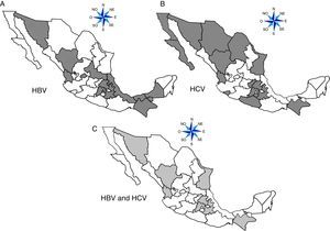 States of Mexico with the highest prevalence of HBV and HCV in Mexican blood donors in 2012 (compared with the national average). A) HBV, B) HCV, and C) HBV and HCV.