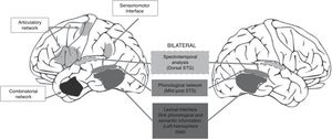 Dual-stream model of speech processing.12 It should be noted that the early cortical stages of perception are bilateral (recognition of spoken words). Hemispheric processing differences are observed when a lexical (temporal lobe) interface and a sensorimotor (temporo-parieto-occipital) interface are required to connect to previous systems of the dominant hemisphere in order to repeat the word (adapted from Hickok, 2009).