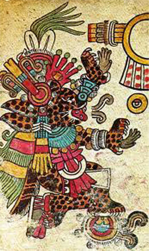 Imagen de Tepeyollotli con el yacaxihuitl, tomada del Códice Borbónico.