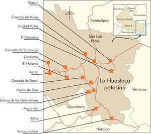 Localidades y parajes importantes de la Huasteca potosina, al extremo sur se ubica Tamazunchale.