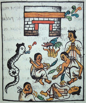 Aparición de Cihuacoatl que pronostica la llegada de los españoles (Sahagún, Códice Florentino, 1979b, lib. VIII, cap. I: fol. 3r).
