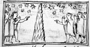 Augurio de la pirámide de fuego con la típica expresión masculina de miedo (Sahagún, Códice Florentino, 1979b, lib. XII, cap. I: fol. 1r).