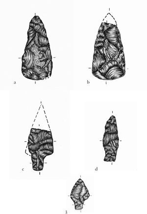 Puntas de Proyectil. Familia sin muescas: a y b tipo Abasolo; Familia muescas que eliminan esquinas: c y d tipo Kent, e tipo Langtry. Depósito PNT-019.