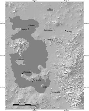 Localización de los sitios estudiados en la cuenca de México(elaborado por Gerardo Jiménez, Mapoteca IIA-UNAM, a partir de la información contenida en http://www.inegi.org.mx/geo/contenidos/datosrelieve/continental el 9 de mayo de 2013.).