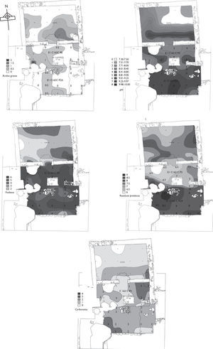Distribución de residuos químicos en el piso del complejo cuarto-pórtico-patio de Teopancazco, Teotihuacán (tomado de Pecci et al. 2010).