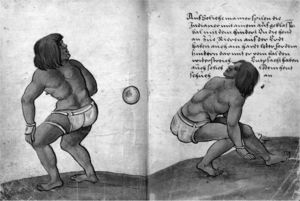 Jugadores de pelota llevados a Europa por Hernán Cortés (Weiditz 1528).