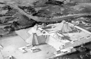 Vista reconstructiva de la ciudad de Copán con la cancha de pelota en la plaza principal (dibujo: Tatiana Proskouriakoff).