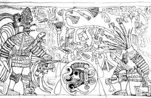 Relieve en la cancha de pelota de Chichén Itzá que representa una escena de decapitación (dibujo: Linda Schele).
