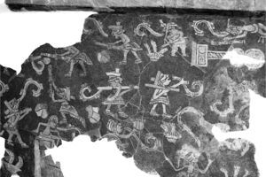 Fragmento del mural de Tepantitla. Varios personajes se enfrentan en una partida utilizando bastones para golpear a la pelota.
