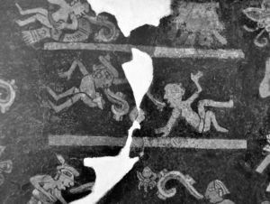 Fragmento del mural de Tepantitla. Personajes practicando el ulama de cadera.