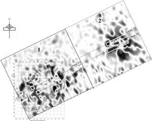 Superposición del plano arquitectónico de la estructura excavada sobre el mapa de gradiente magnético. Se muestra también la ubicación de las líneas y los recuadros marcan las anomalías registradas con el geo-radar (realizó: Jorge Blancas, Laboratorio de Prospección Arqueológica, 2008).
