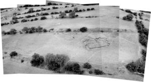 Imagen desde el globo de la excavación extensiva de la anomalía rectangular (fotografía: Gerardo Gutiérrez, Proyecto agricultura en terrazas en el Cerro San Lucas, 2008).