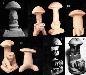 Hongo de piedra de la cultura maya. 19: D. Martínez de una copia japonesa del original de Zúrich (de Martínez-Carrera). 20-21: Diversas figuras (de M. Ulloa). 22-23: Individuos de cabeza, bajo la acción neurotrópica de los hongos (de Wasson, 1980).