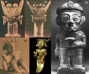 24-26: Piezas de oro de Darién (de Schultes y Bright, 1979). 27: Mujer con hongos, Colombia (de C.M. Torres). 28: Museo de Denver (las flechas señalan los hongos).