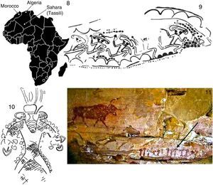 Vestigios prehistóricos del uso de los hongos alucinógenos. 9-11: Cueva de Tassili en África (9-11 de Samorini, 2001). 11: Cueva del NE de España (la flecha señala los hongos) (de Akers et al., 2011).