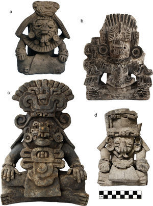 Ejemplares de las icónicas vasijas-efigie zapotecas del Clásico tardío de tres sitios en el valle de Oaxaca: Ejutla (a.), la Fortaleza de Mitla (b.) y El Palmillo (c., d.).
