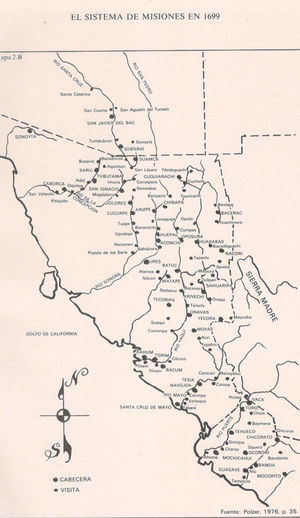 Mapa mostrando las distintas misiones fundadas por los jesuitas entre los siglos XVII y XVIII (tomado de Poulzer, 1972: 35).