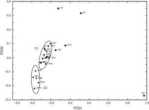 Diagrama de componente principal. Cluster 1 y Cluster 2: micas arqueológicas. Círculos: muestras de varios depósitos con micas. Intervalo de confianza de las elipses: 0.9. Porcentajes de varianza: 58% (PC01) y 21% (PC02).