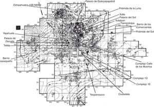 Mapa base de Teotihuacan elaborado por René Millon, con la ubicación del complejo palaciego de Xalla y el centro de barrio multiétnico de Teopancazco, ambos excavados por Linda R. Manzanilla (1997-2016).