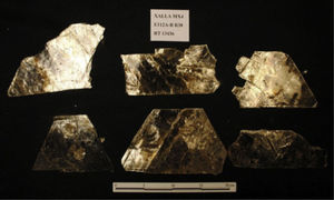 Placas geométricas halladas en la E12 de Xalla (E112A-E112B R38), con número de muestra MX4, excavadas por Linda R. Manzanilla (fotografiadas por Rafael Reyes).
