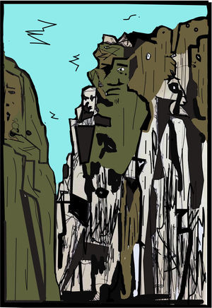 “Los gigantes que viven en las piedras”, ilustración hecha a partir de la lectura del texto. José Rafael Romero Barrón.