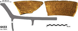 Fragmento de vasija con glifos en Chinikihá que posiblemente sirvió para servir tamales. (Modificada de Mirón Marván, 2012, p. 347, figura 7).