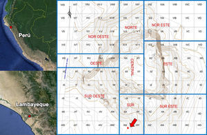 Ubicación política y sectorización del sitio Huaca Ventarrón con la ubicación de la muestra (Alva, 2012, p. 36).