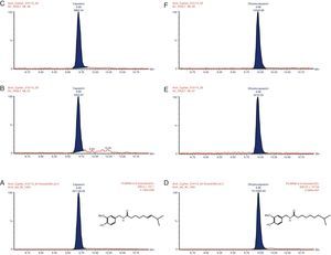 Los cromatogramas de UPLC/MS-MS muestran: A)capsaicina estándar; B-C)muestras representativas con presencia de capsaicina; D)dihidrocapsaicina estándar, y E-F)muestras representativas con presencia de dihidrocapsaicina.