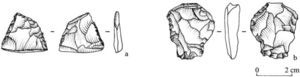 Bifaciales en obsidiana. a) fragmento de punta de proyectil, estructura 13; b) pieza bifacial con muescas, estructura 3 (dibujos: M. A. Espinosa).
