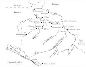 Mapa del Oeste de Chiapas con ubicación de los principales sitios arqueológicos de la región.