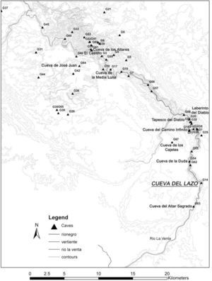 Mapa de la región del Río La Venta con ubicación de las cuevas arqueológicas; se indican los nombres comunes de las más relevantes (D. Domenici y Nicoletta Maestri).