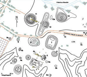 Plano de la parte sur del centro ceremonial de Chiapa de Corzo que muestra las excavaciones de 2008 y 2010.