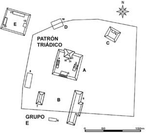 Patrón triádico como posible componente de un Grupo E, en El Pesquero, Guatemala (tomado de Mejía et al., 2009).