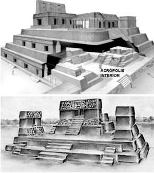 Acrópolis Interior de Nakum, Guatemala, mostrando la tipología de patrón triádico sin recinto (tomado de Tobar y González, 2007) y Estructura N9-56 de Lamanai, Belice, con recinto.