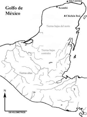 Mapa de la Península de Yucatán indicando la ubicación de los sitios arqueológicos de donde provienen las muestras zooarqueológicas comparadas.