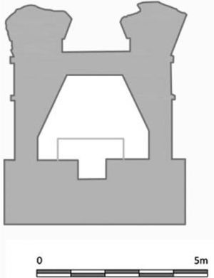 Sección de la cámara de vapor del edificio P7 de Piedras Negras a partir de los planos de Satterthwaite, 1952: fig. 47. Elaboración: Nuria Matarredona.