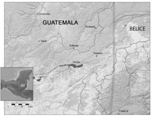 Map of the northeastern part of Guatemala showing the location of Nakum and other neighboring sites (map courtesy of Precolumbia Mesoweb Press).