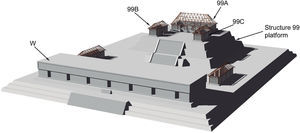 Reconstruction of the North Group during the Terminal Classic period, note three superstructures shown on top of the platform of Structure 99 (by Anna Kaseja and Anna Koziñska).