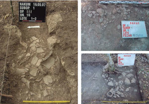 Photographs showing scattered ceramics found on the floor of Structure 99A, a possible vestige of termination ritual (photographs by Jaroław Źrłka).