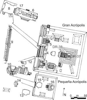 Edificio de los cinco pisos con depósitos rituales 37 y 38. Edzná, Campeche. Redibujado de Benavides (1997: 41, fig. 5).